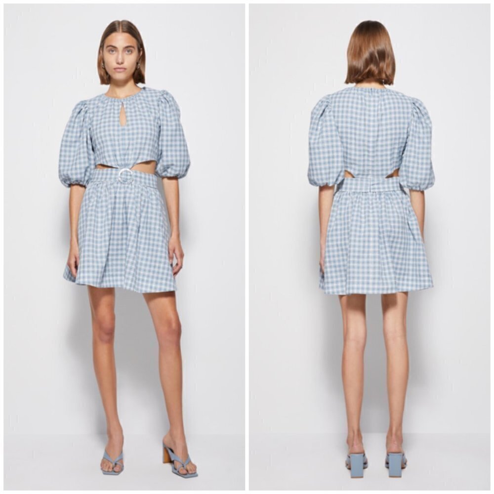 JONATHAN SIMKHAI Soo Seersucker Plaid Puff Sleeve Cutout Mini Dress Blue XS NWOT